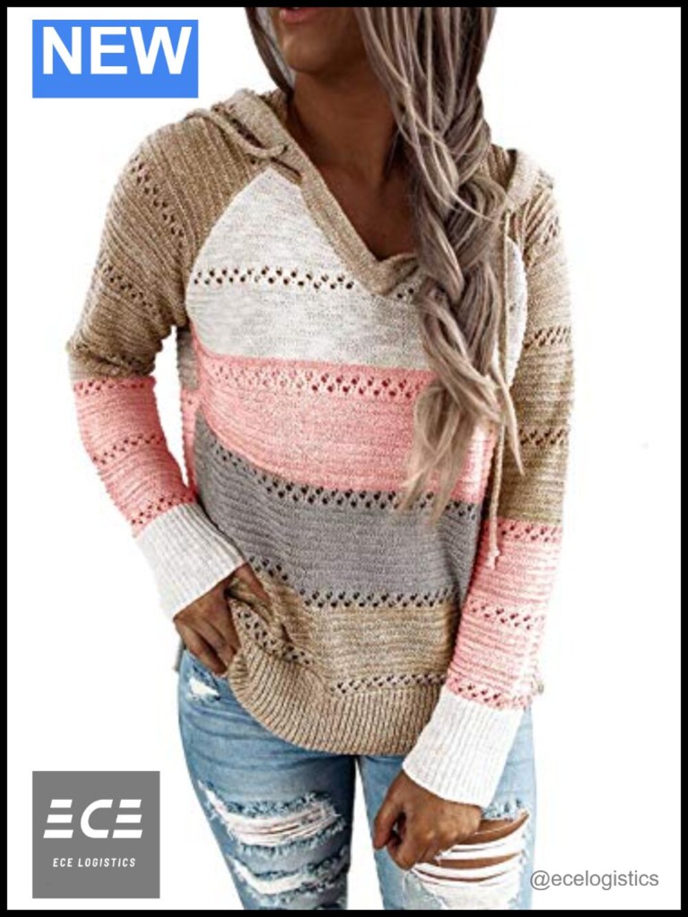 Striped Crochet Knit Hooded Pullover Sweater Loose Fit Casual Winter
